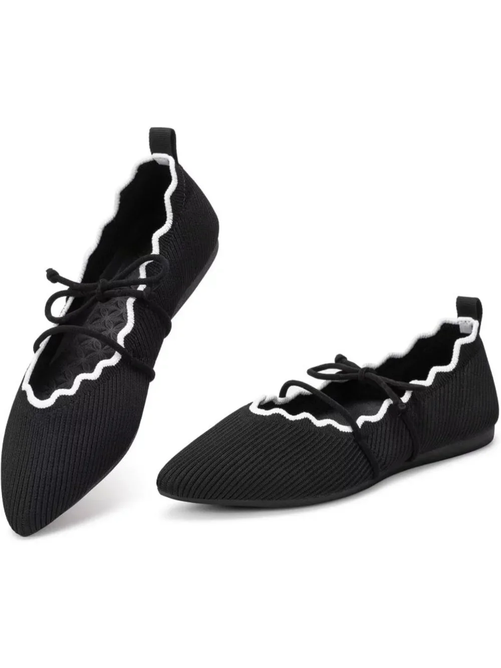 Women's Black Rubber Knitted Slip On Pointed Toe with Ruffled Vamp Elastic Flats